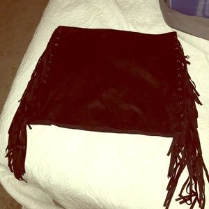 Black Suede Mini Skirt with Fringe